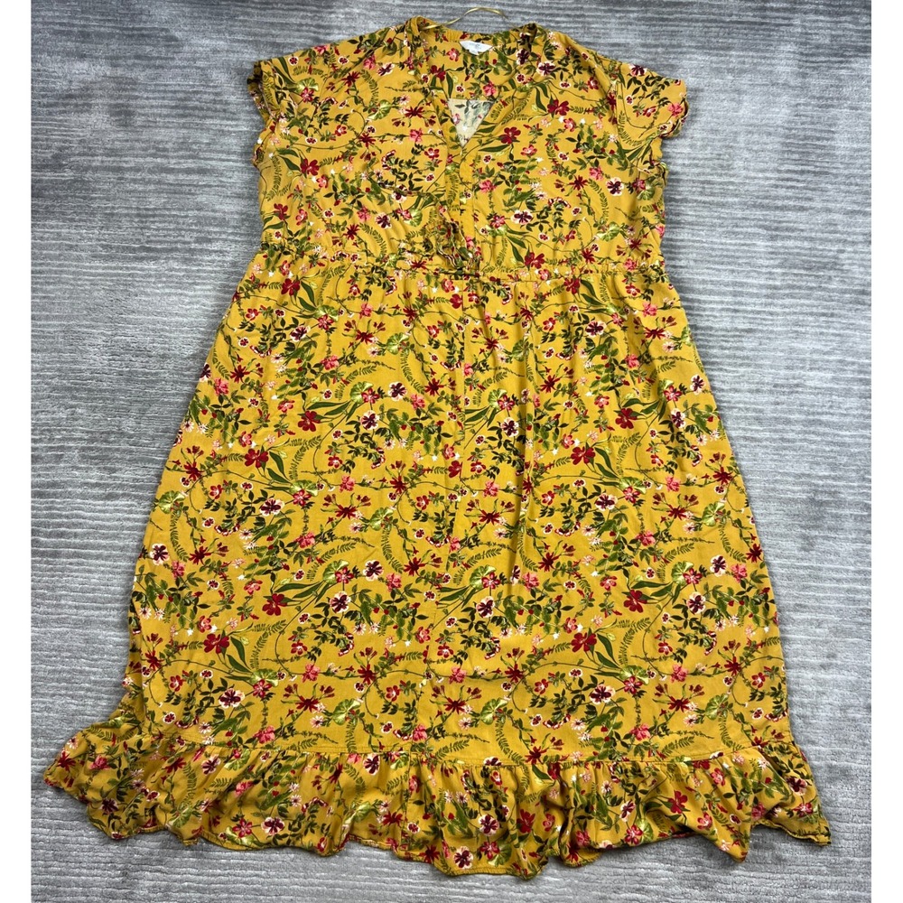 Terra & Sky Dress Womens 2X Yellow Floral Midi Boho Ruffle Hem Short Sleeve